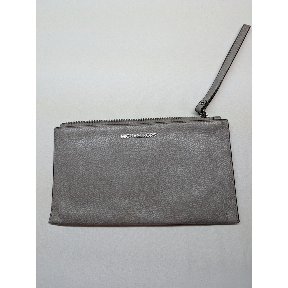 Michael Kors Grey Pebbled Leather Wristlet Clutch Bag Silver Tone Hardware